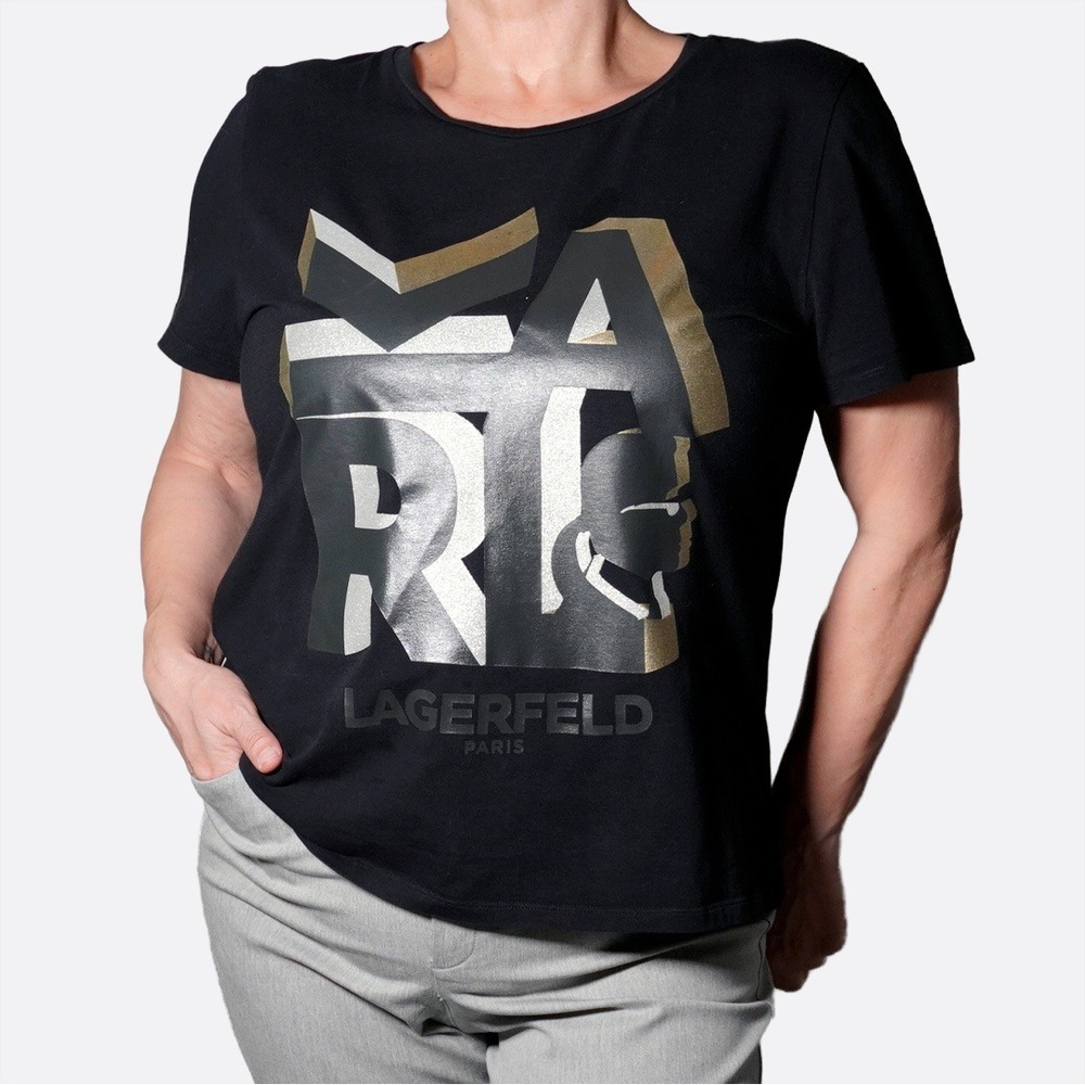 Karl Lagerfeld Paris Metallic‎ Gold Logo Graphic Tee Black Silver Plus 1X XL